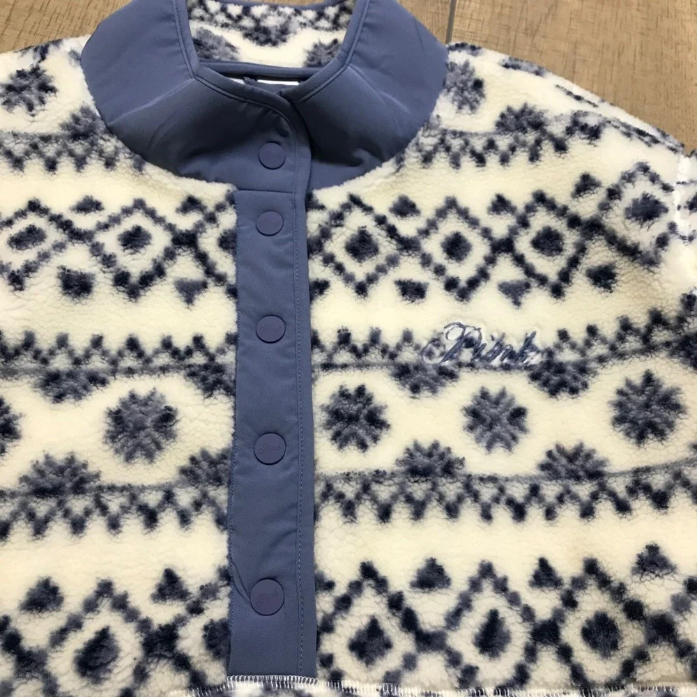 VS PINK Jacket Womens Size‎ XL Blue Sherpa Fair Isle Plush Teddy Snap Pullover